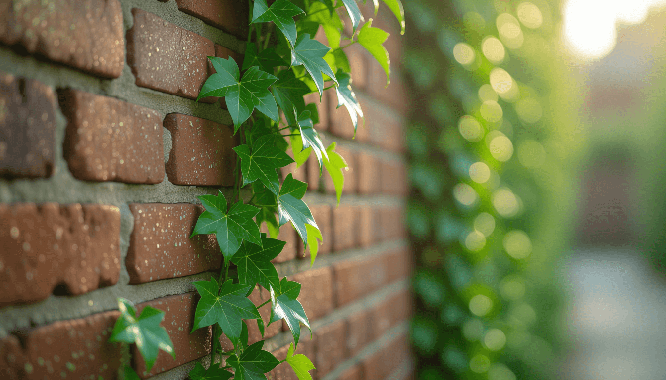 Morning dew clings to vibrant green ivy climbing a weathered brick wall, shallow depth of field isol