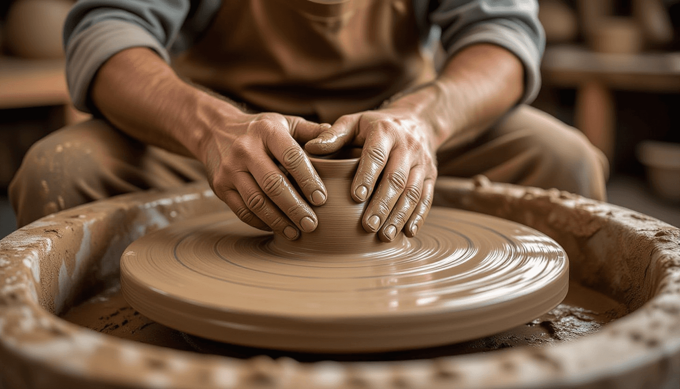 A craftsman’s calloused fingers press into warm, wet clay on a spinning wheel, mud splattering the w