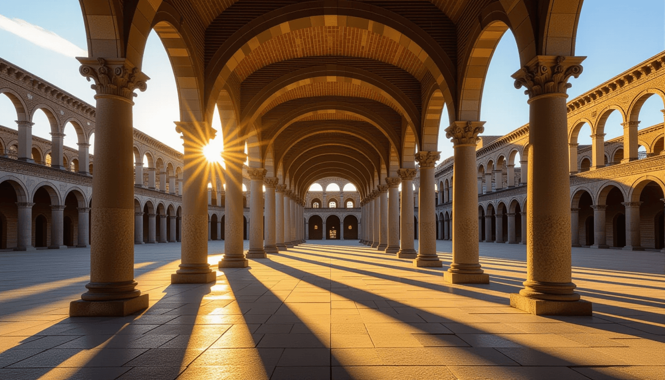 Golden hour light filters through a series of soaring stone arches in an empty coliseum, casting lon