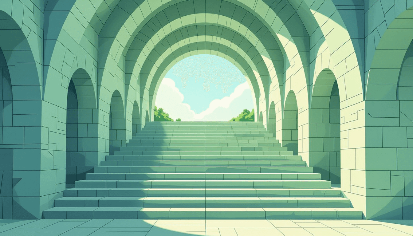 A towering stone staircase ascends through layered geometric arches, leading toward a bright, open p