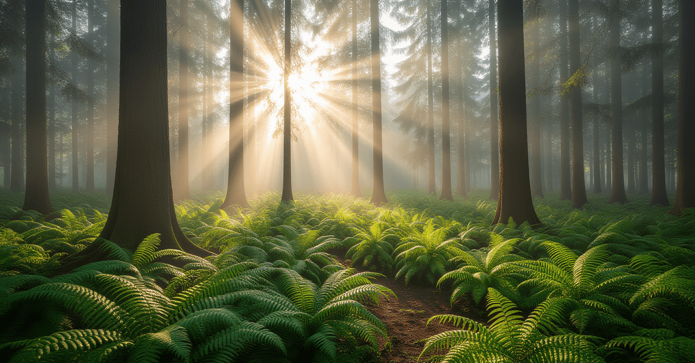Dawn breaks over a misty forest floor, casting long, ethereal sunbeams through the fog that illumina
