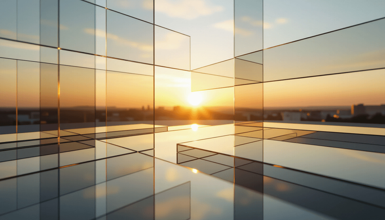Golden hour light filters through layered translucent acrylic planes, creating soft, floating geomet
