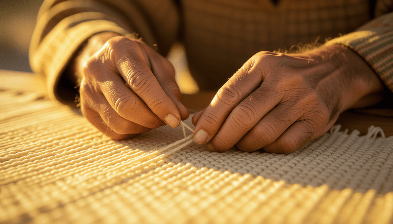 Golden hour light washes over calloused hands guiding a delicate thread through the weave of a tapes