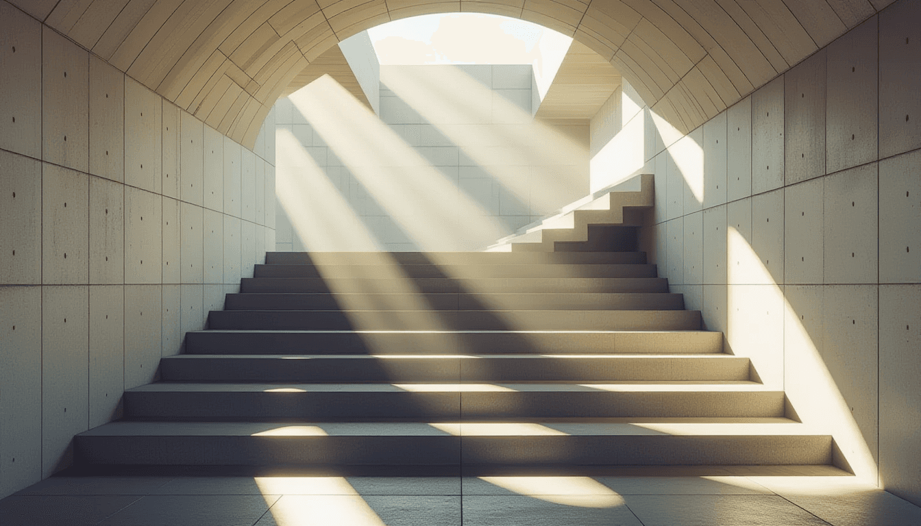 Sunlight cascades through the repeating stone arches of a brutalist staircase, casting sharp geometr