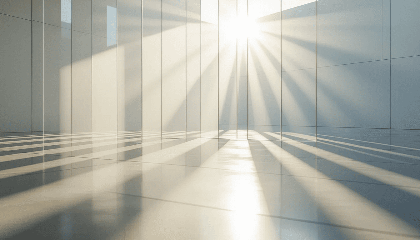 Sunlight pierces layered translucent acrylic panels arranged in a tessellated grid, casting sharp, g