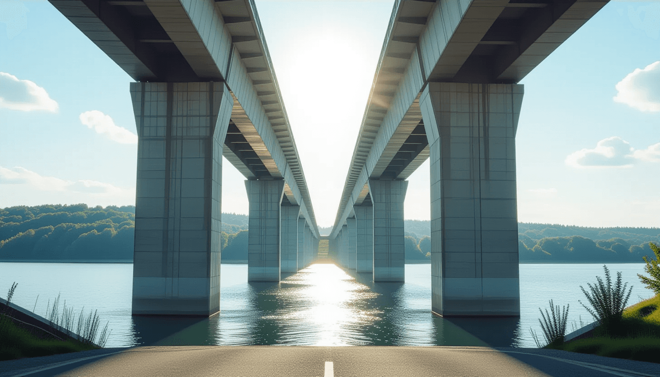 A low-angle shot captures a massive concrete arch bridge, its thick pillars tapering sharply at the