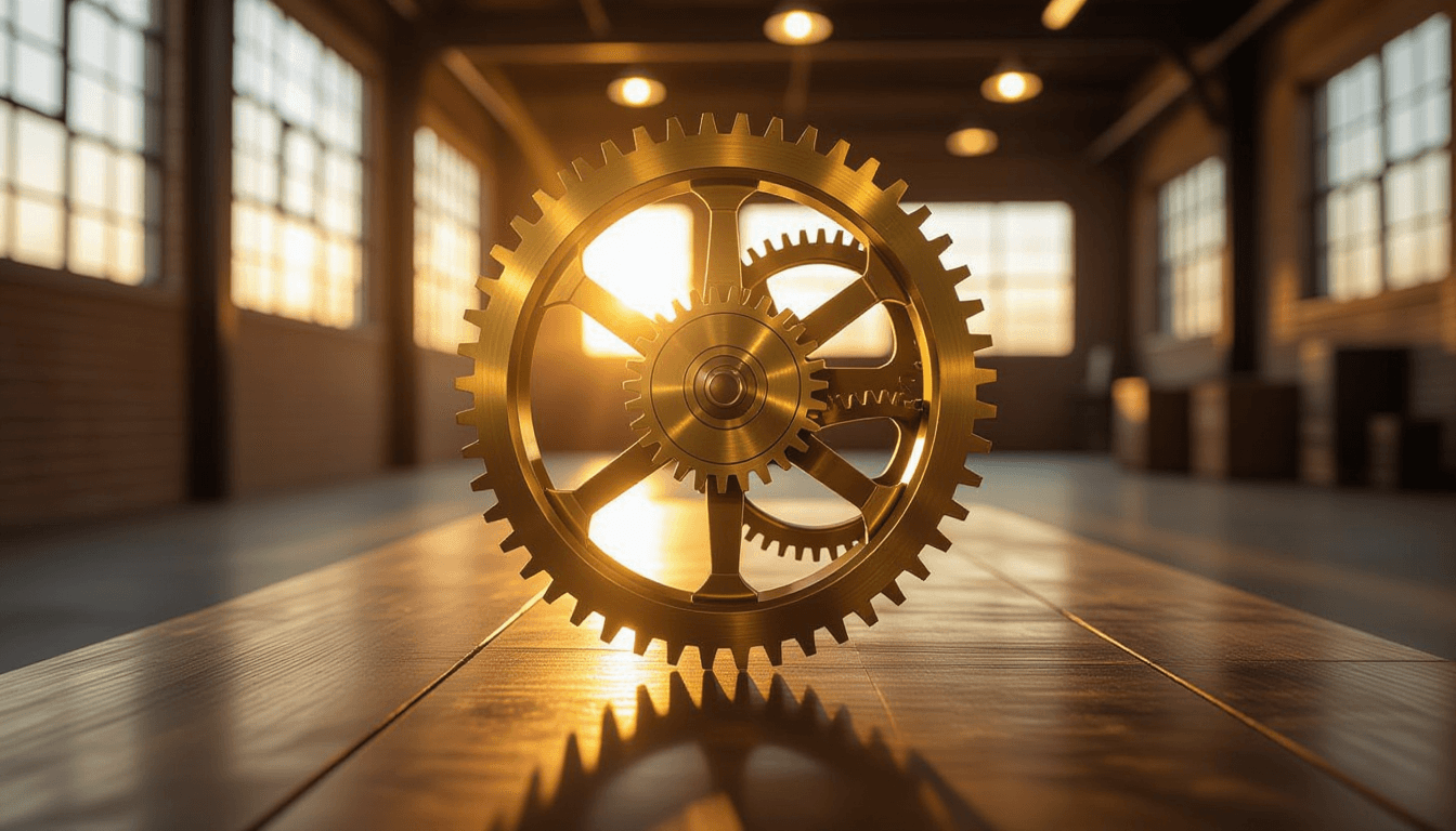 Golden hour light glints off interlocking brass gears in a kinetic sculpture, their precise motion c