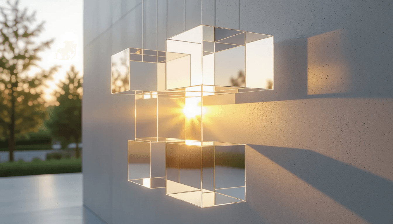 Sunset light fractures through stacked, translucent acrylic slabs suspended in mid-air, creating a t