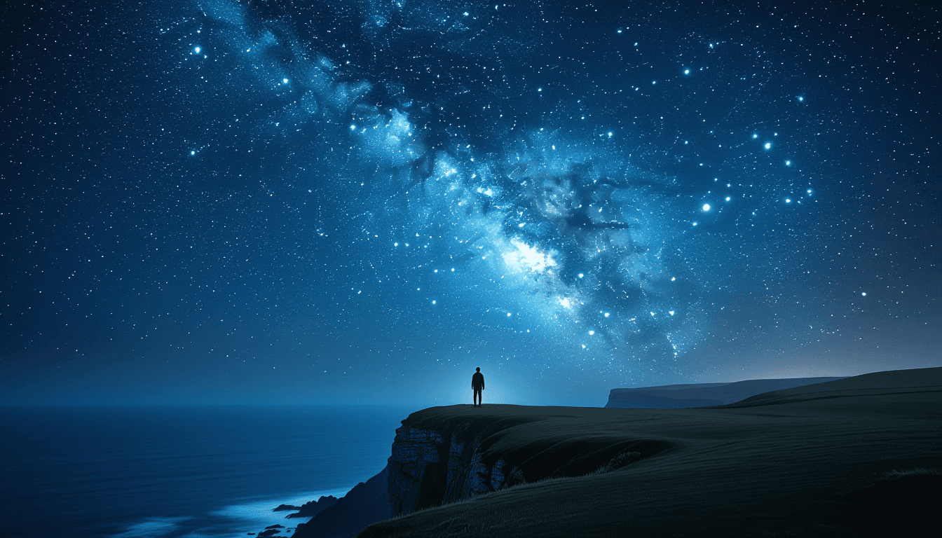 A lone figure stands on a windswept cliff edge, silhouetted against a vast, star-dusted night sky, e