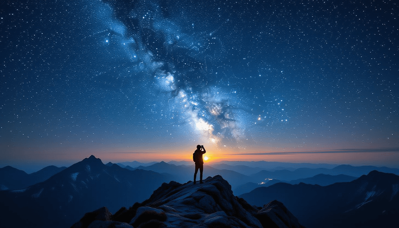 A lone photographer stands on a jagged mountain ridge at twilight, camera raised toward a sky dense