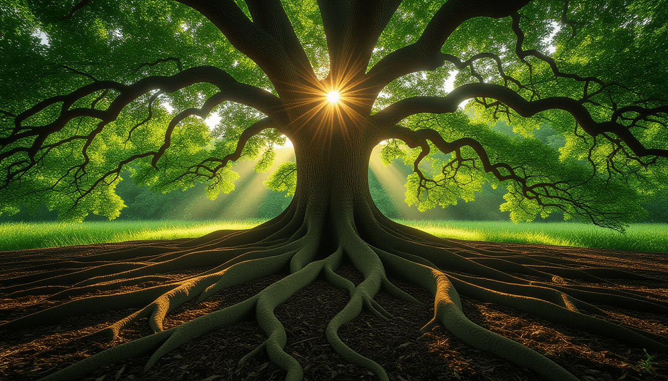 Sunlight filters through a dense oak canopy, illuminating a sprawling network of thick, twisting roo
