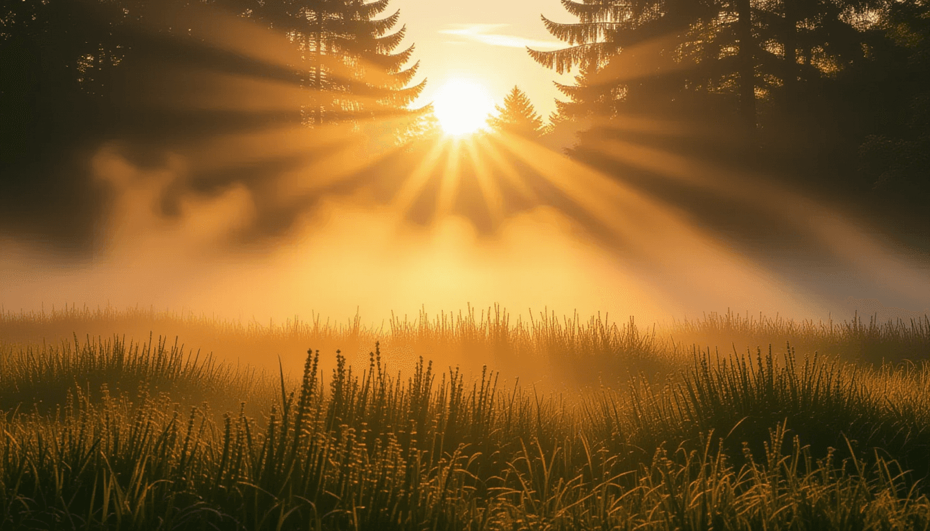 Golden hour sun pierces through morning fog, casting sharp, distinct beams of light that separate wa