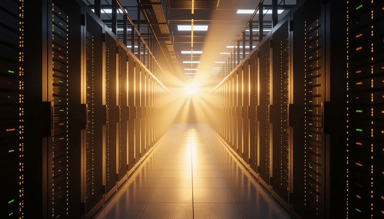 Golden hour light pierces through morning fog in a data center, casting long, ethereal beams across
