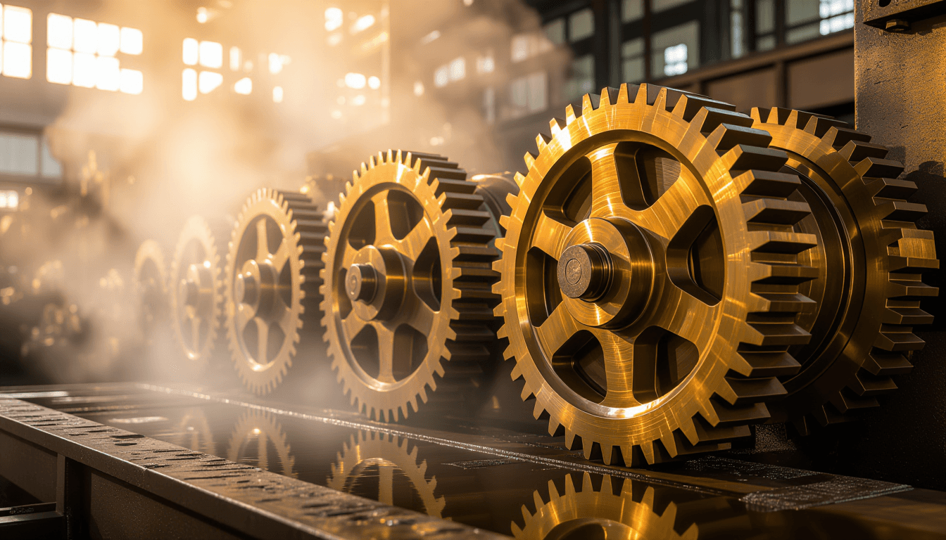 Golden hour light catches the brass teeth of interlocking industrial gears, turning slowly amidst st