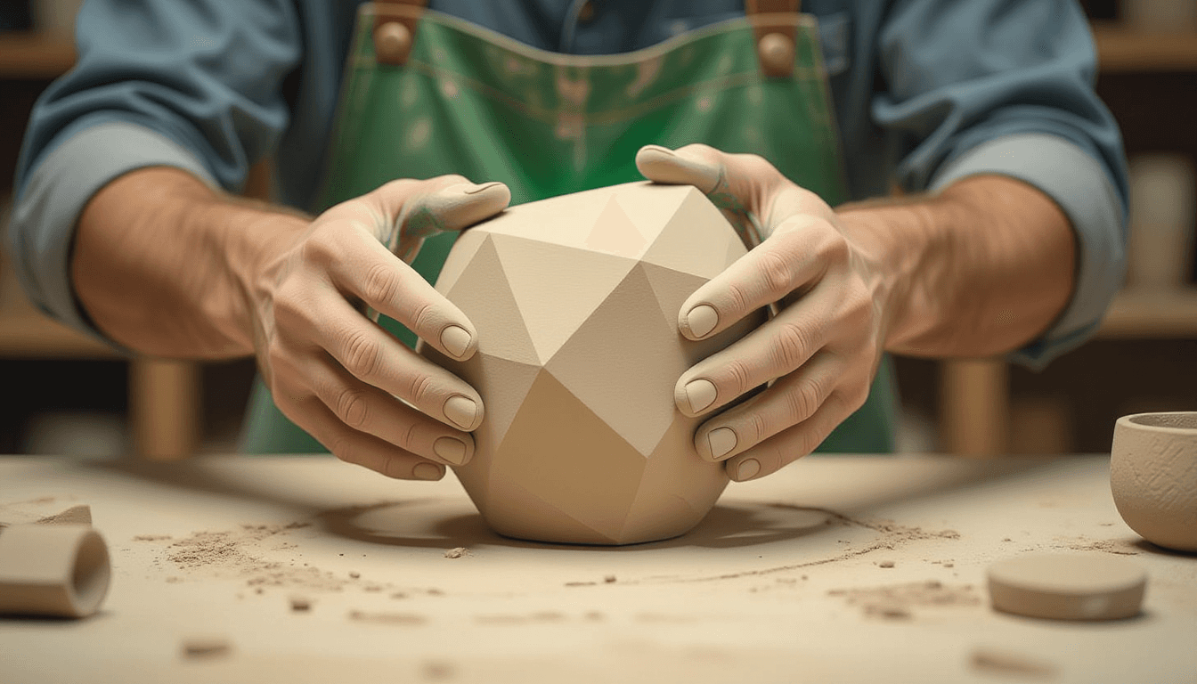 Sculptor’s hands refine a smooth, geometric form from rough clay, erasing jagged edges to reveal a p