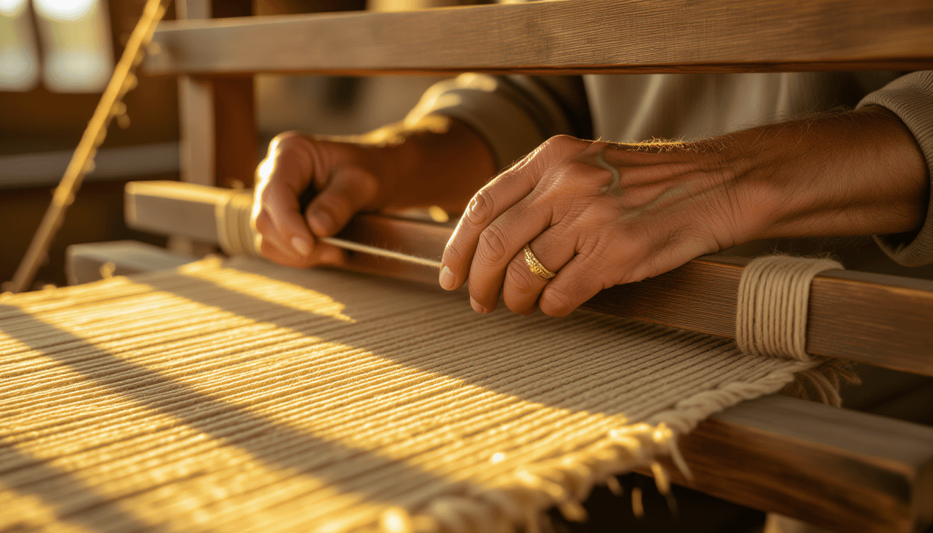 Golden hour light glints off weathered hands guiding a thick jute thread through the warp of a rusti