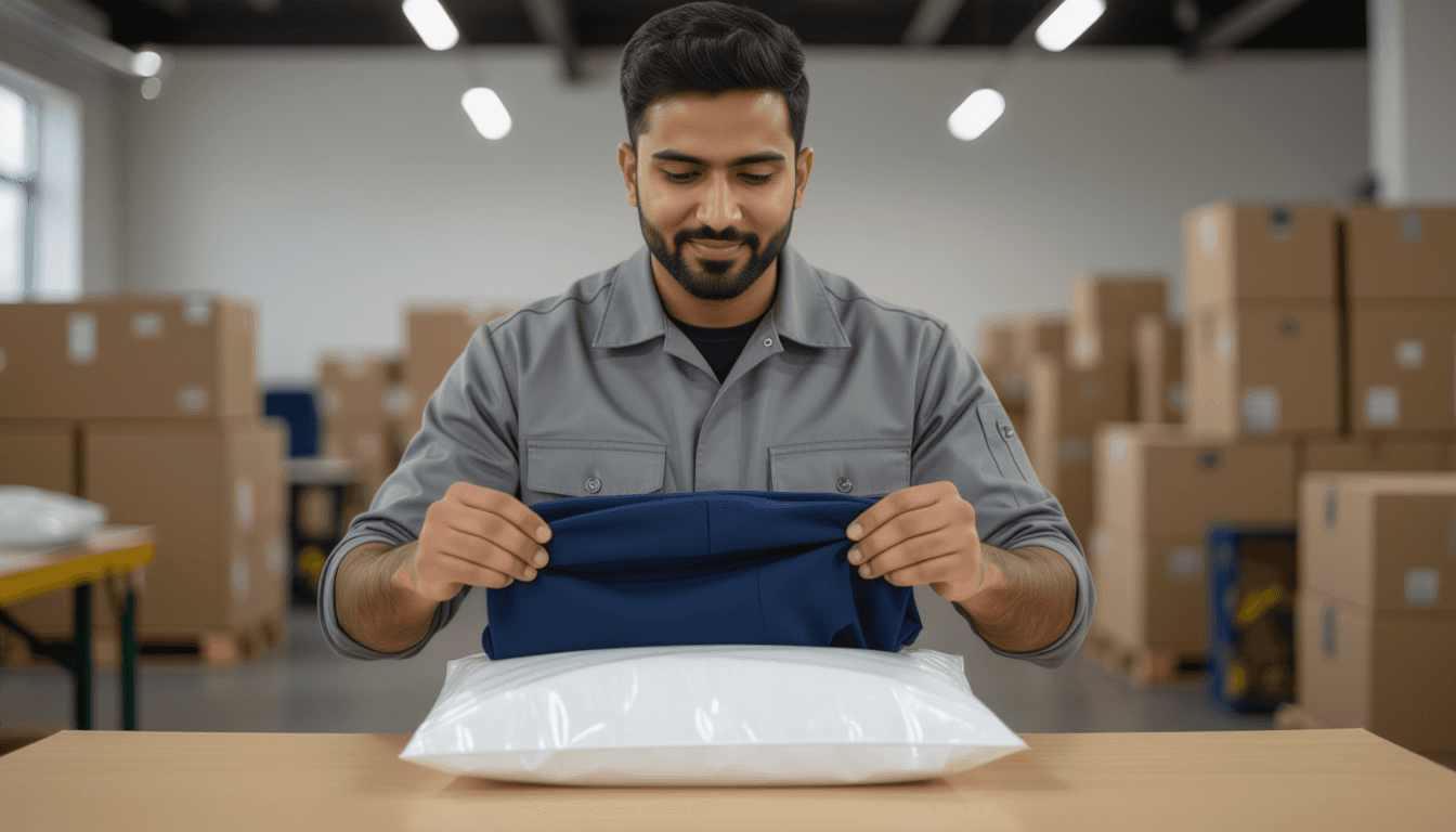 A South Asian man in his forties, wearing a grey warehouse uniform, stands behind a wooden packing t
