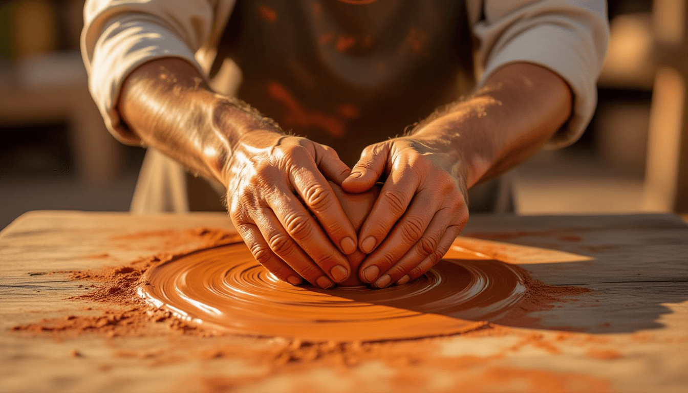 Golden hour light catches weathered hands kneading rich red clay on a rustic wooden table, shallow d
