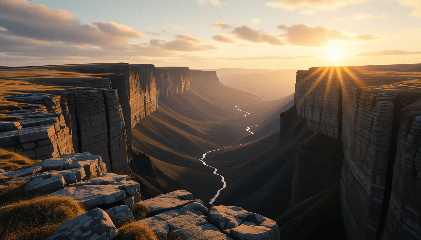 A jagged, crumbling cliff edge looms over a deep, shadowed valley at golden hour, the harsh light re