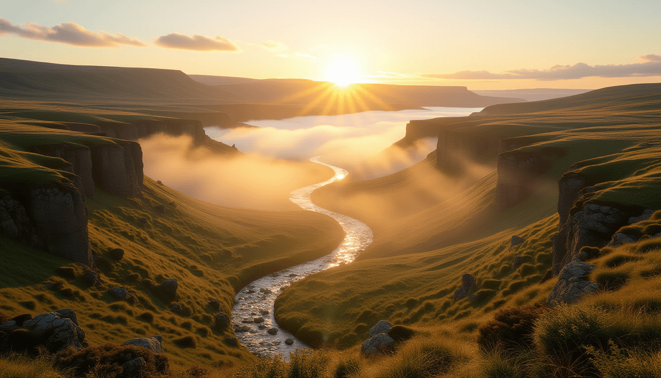 Golden hour light cascades over a misty valley, illuminating a winding river that carves through rug