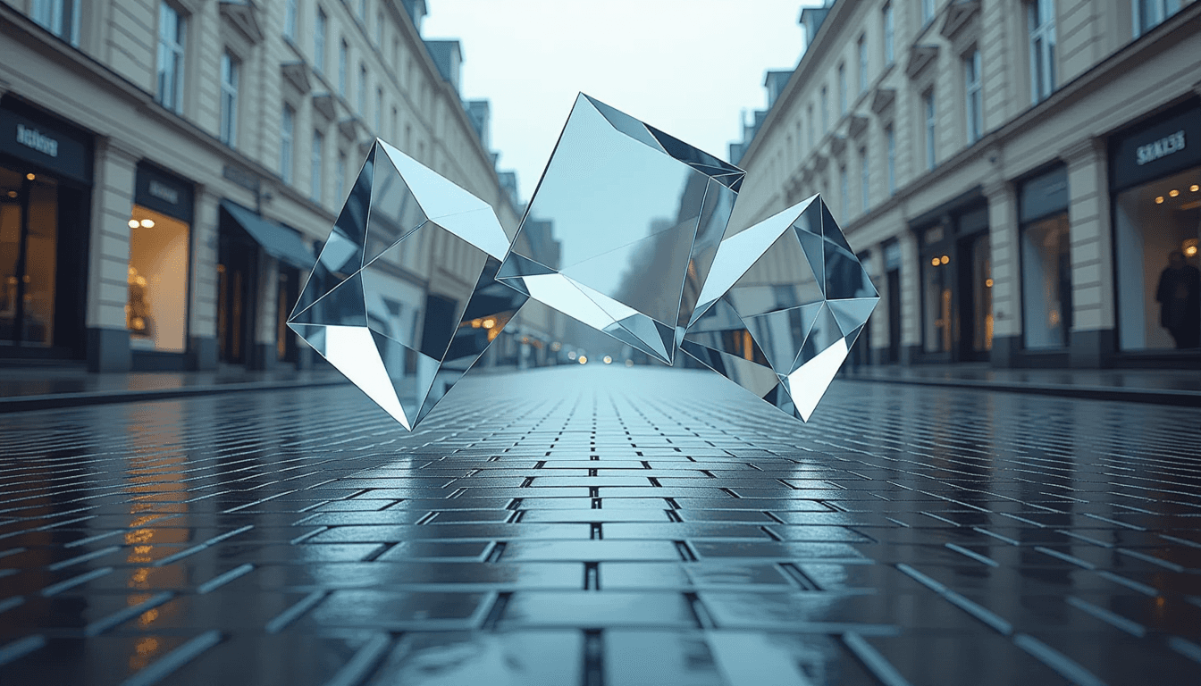 Floating translucent geometric planes drift over a wet cobblestone street under overcast light, thei