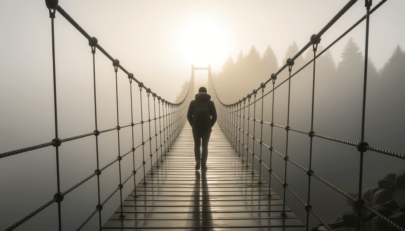 A solitary figure pauses on a weathered wooden suspension bridge spanning a foggy chasm, backlit by