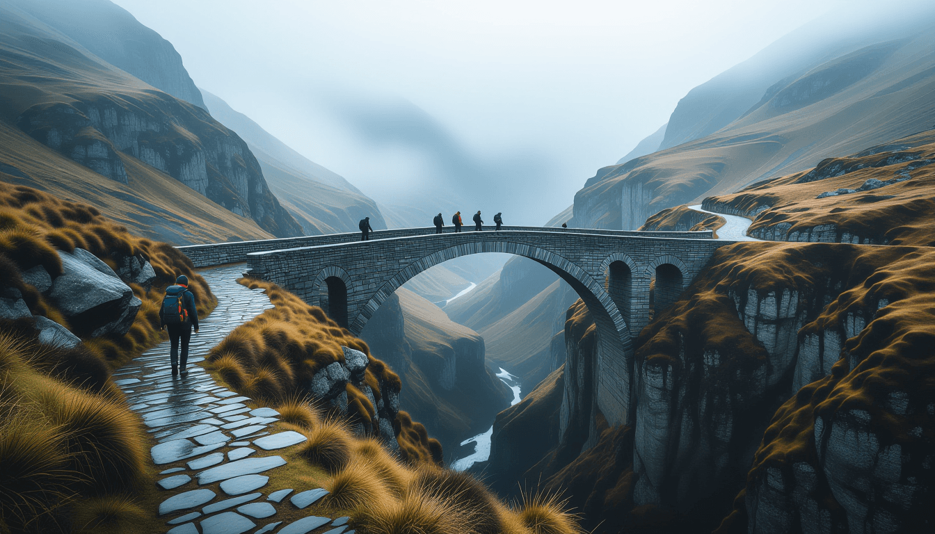 A long-exposure shot captures the blur of hikers on a winding mountain trail, contrasting with a sha