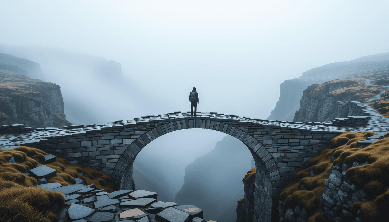 A lone hiker pauses on a crumbling stone bridge spanning a misty chasm, the path ahead vanishing int