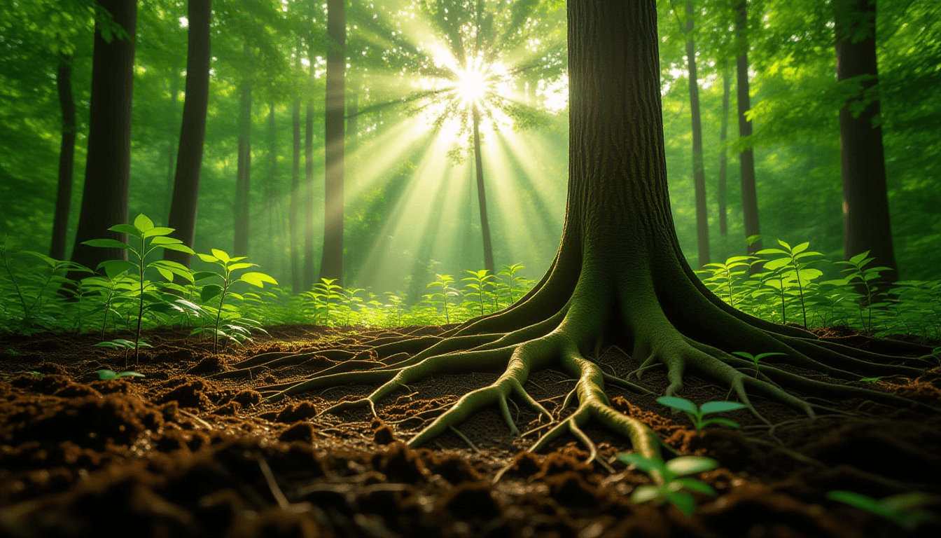 Sunlight filters through a dense, vibrant canopy, highlighting intricate root systems gripping rich