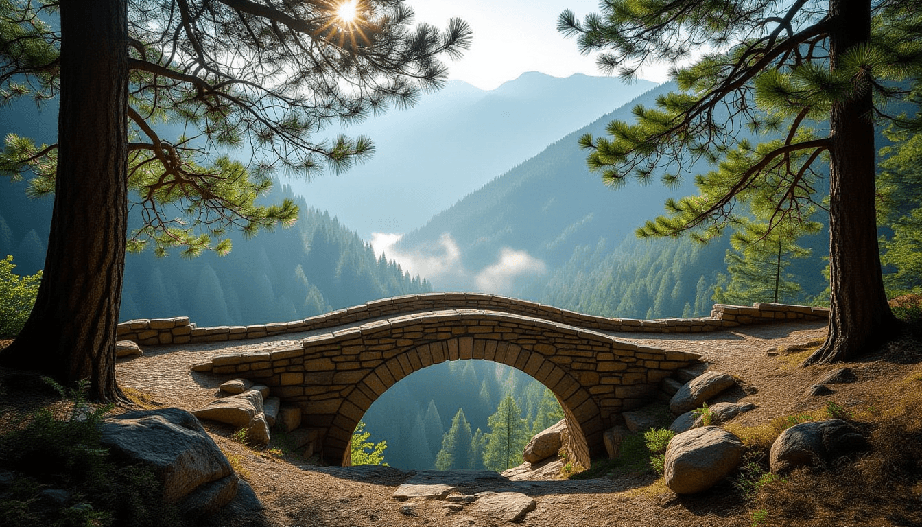 Sunlight filters through dense pine branches onto a rugged stone bridge spanning a misty valley, cap