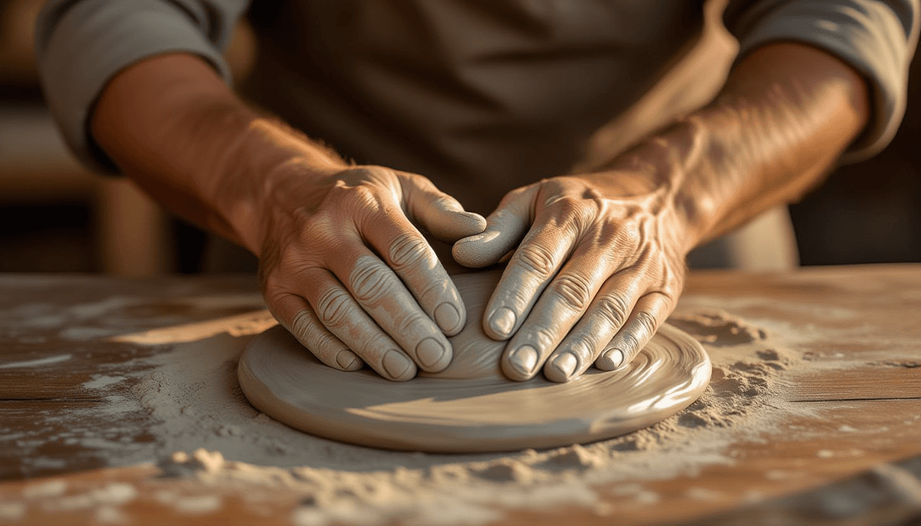Golden hour light catches calloused hands kneading smooth, grey clay on a rustic wooden table, shall