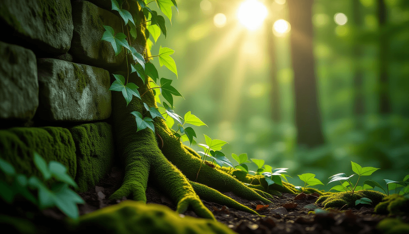 Morning sunlight filters through a dense forest canopy, illuminating vibrant green ivy climbing a we