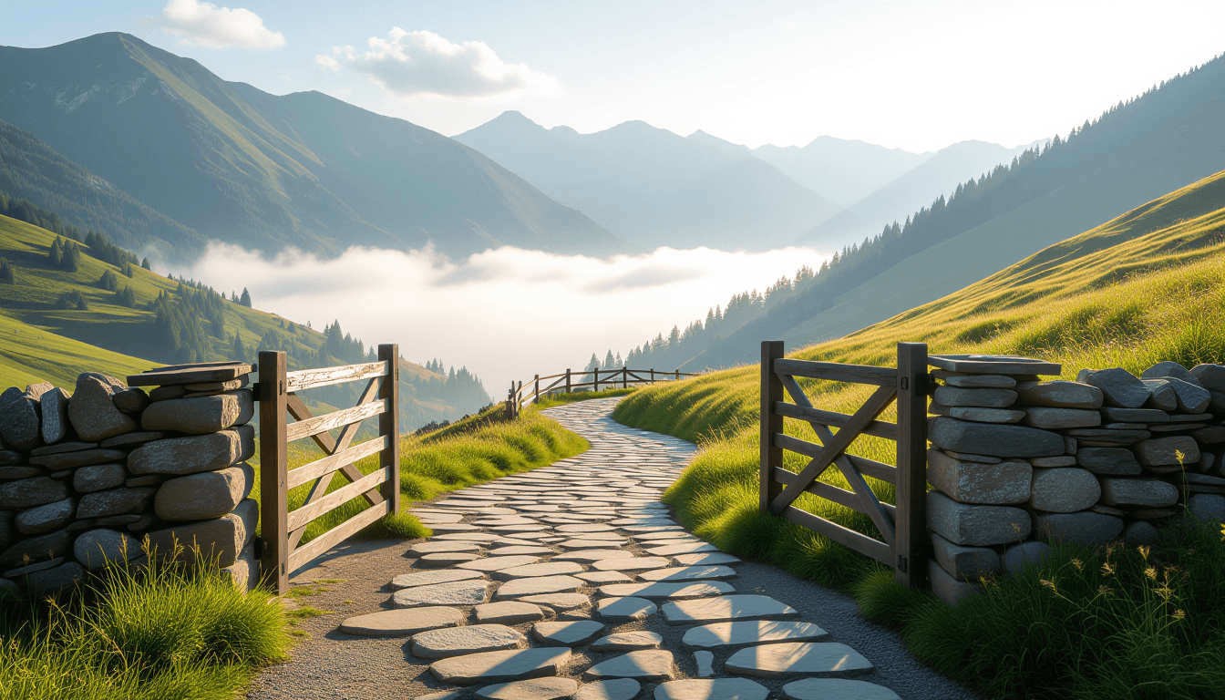 A winding stone path climbs a misty mountain pass, leading through an open wooden gate into a sunlit