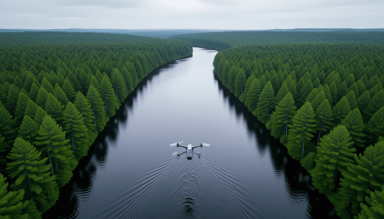 A drone’s eye view captures the relentless, smooth glide of a wide river cutting through dense, shad