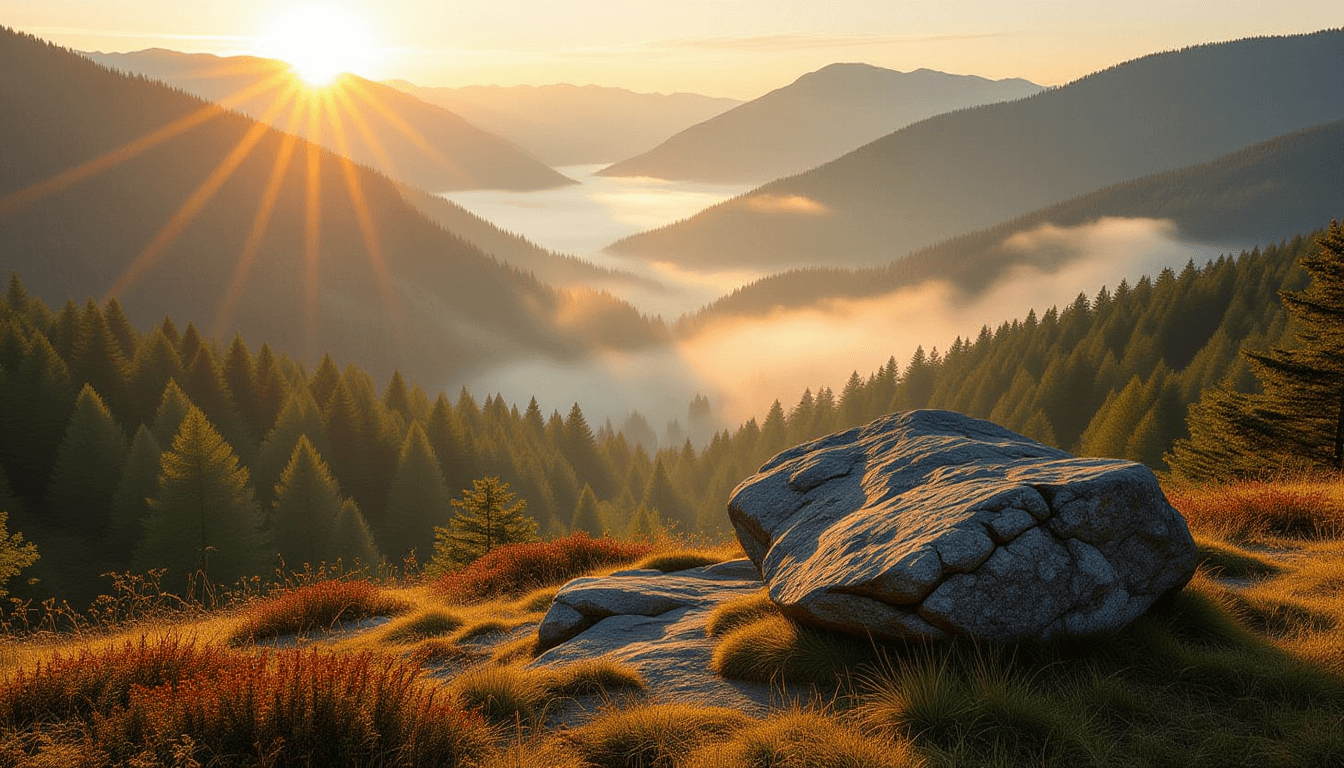 A lone, unyielding stone outcrop anchors a sweeping valley at golden hour, its rugged texture illumi
