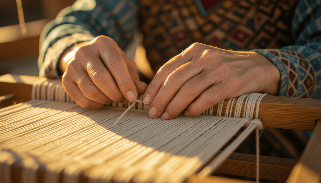 Golden hour light glints off calloused fingers weaving intricate threads on a wooden loom, shallow d