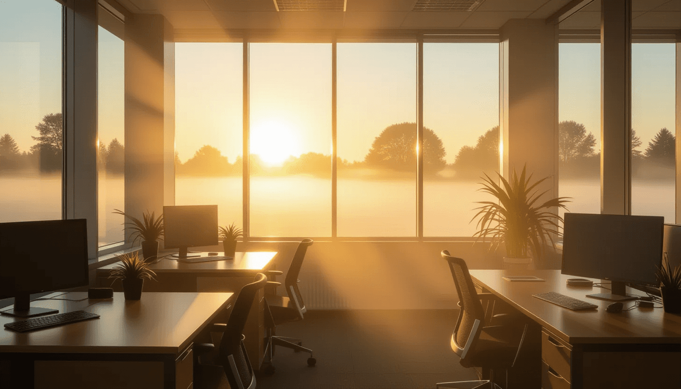 Golden hour sunlight pierces through dense morning fog in a quiet office, illuminating dust motes da