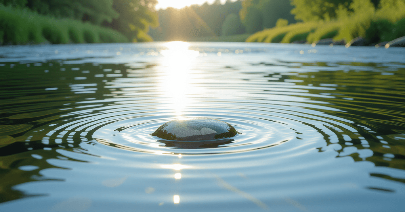 Sunlight glints off a wide, calm river surface as gentle ripples expand outward from a submerged sto