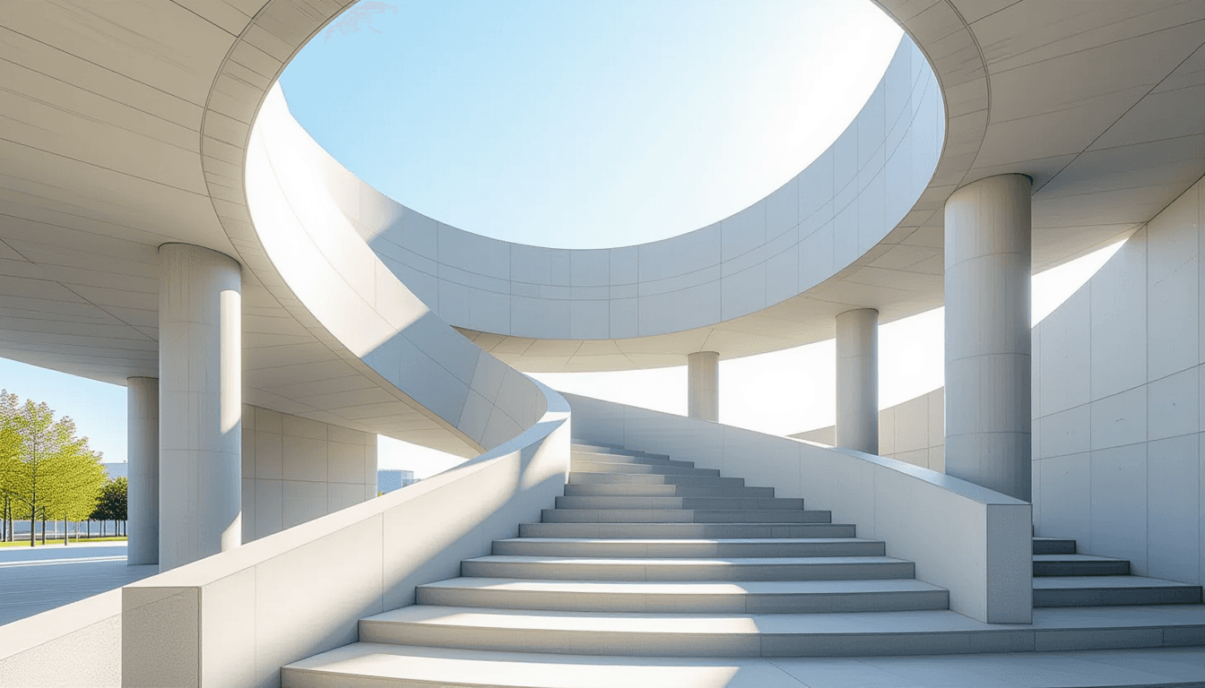 Sunlight floods a sweeping concrete spiral staircase, highlighting the rhythmic repetition of ascend