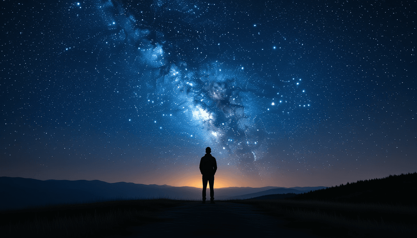 A lone candidate stands silhouetted against a vast, star-strewn night sky, tiny against the immense