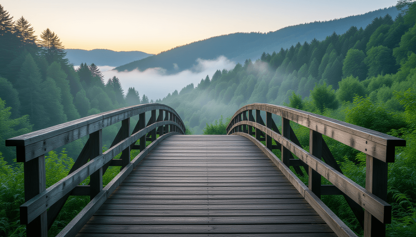 A weathered wooden bridge spans a misty, green ravine at dusk, its planks leading the eye across the