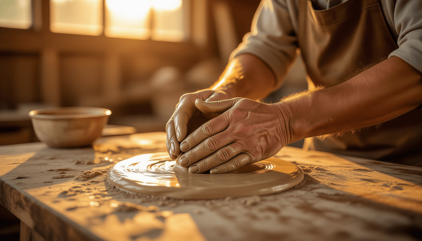 Golden hour light catches weathered hands kneading wet clay on a rustic wooden workbench, shallow de