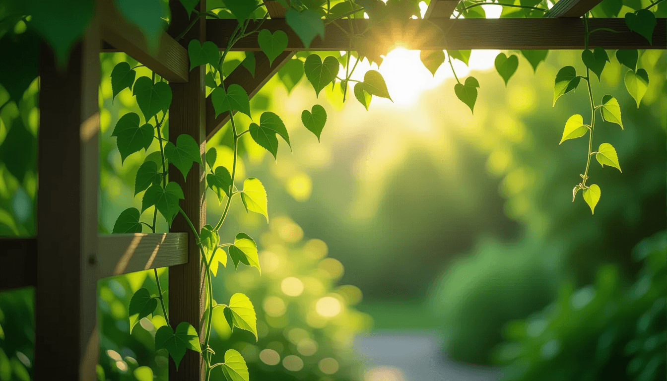 Sunlight filters through a lush garden canopy, illuminating delicate green vines spiraling organical