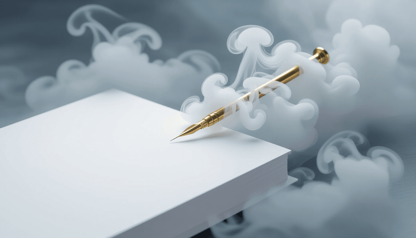 A pristine white ledger dissolves into swirling gray smoke, pierced by a sharp golden needle that cu