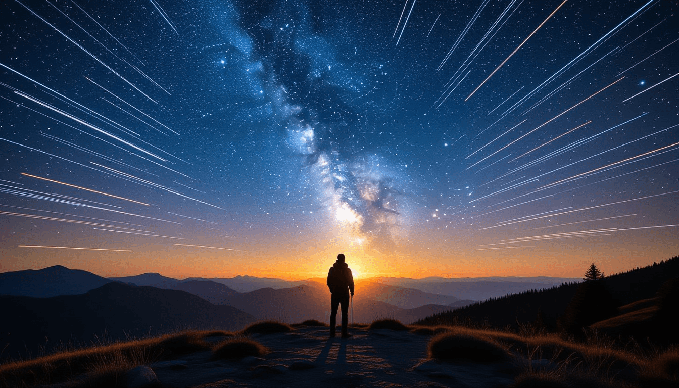 A lone hiker stands silhouetted against a vast, star-strewn horizon under long-exposure light trails