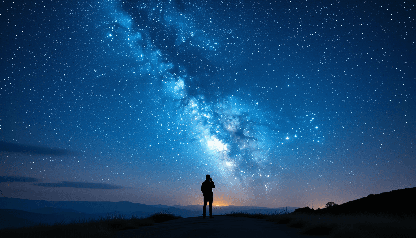 A lone photographer stands silhouetted against the Milky Way’s sprawling arch, their silhouette dwar