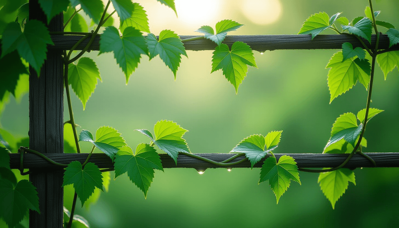 Morning dew clings to vibrant green vines climbing a rustic trellis, captured in soft, overcast diff