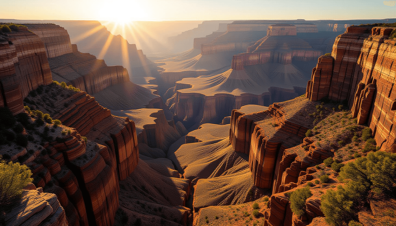 Sunlight spills over jagged canyon ridges, illuminating deep shadows that reveal the intricate, laye