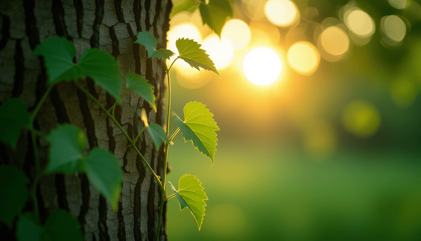 Golden hour light filters through a dense tree canopy, illuminating a young vine climbing a rough ba