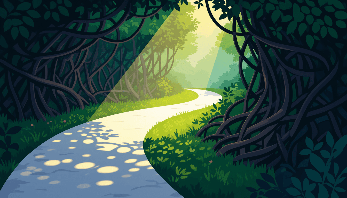 A pristine white path diverges sharply from a tangled, dark thicket of vines, illuminated by a singl